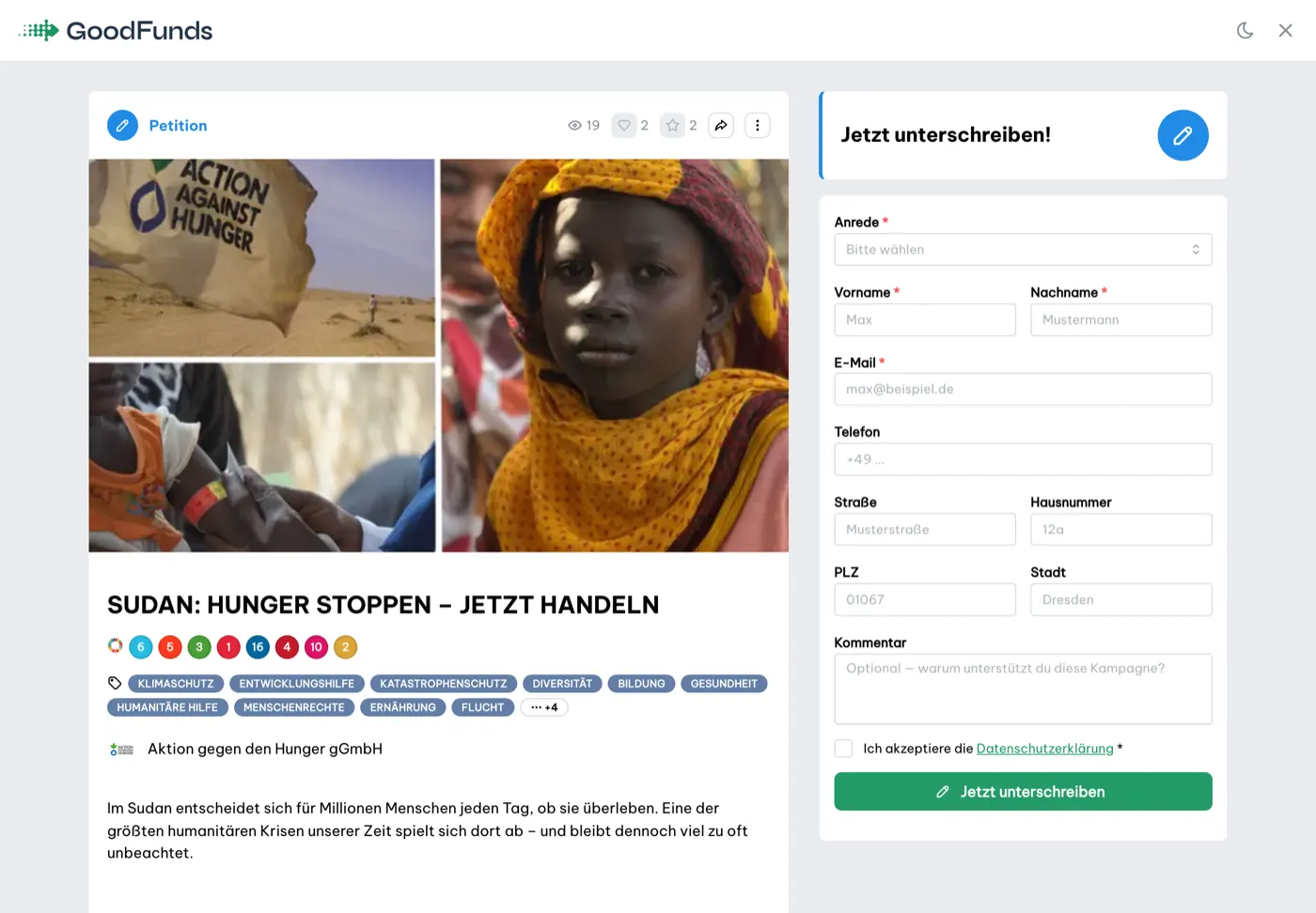 GoodFunds: öffentliche Kampagnenseite